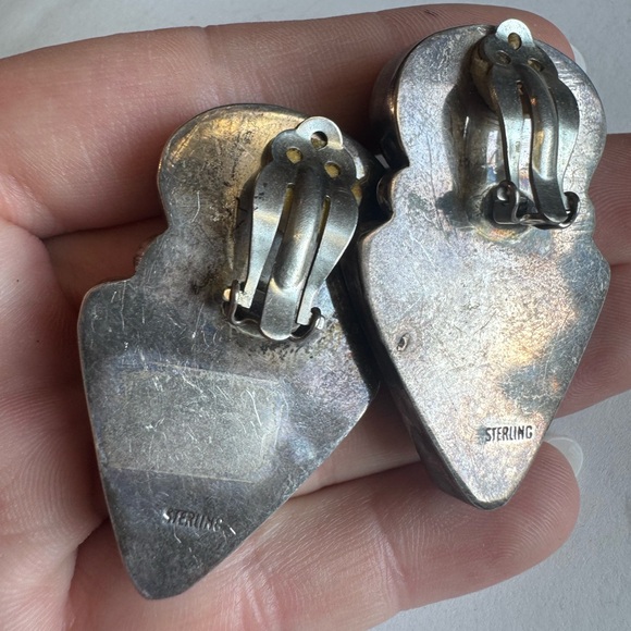 Elegant Sterling Silver Green Abalone and Black Onyx Clip Earrings 26.6g - Picture 14 of 15